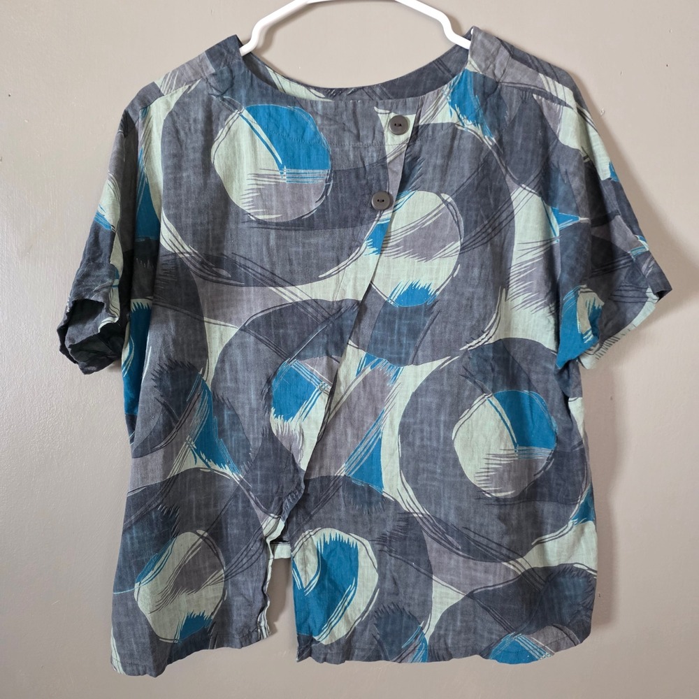Womens Linen Top Size Medium Abstract Lagenlook Geometric Circle Short Sleeve